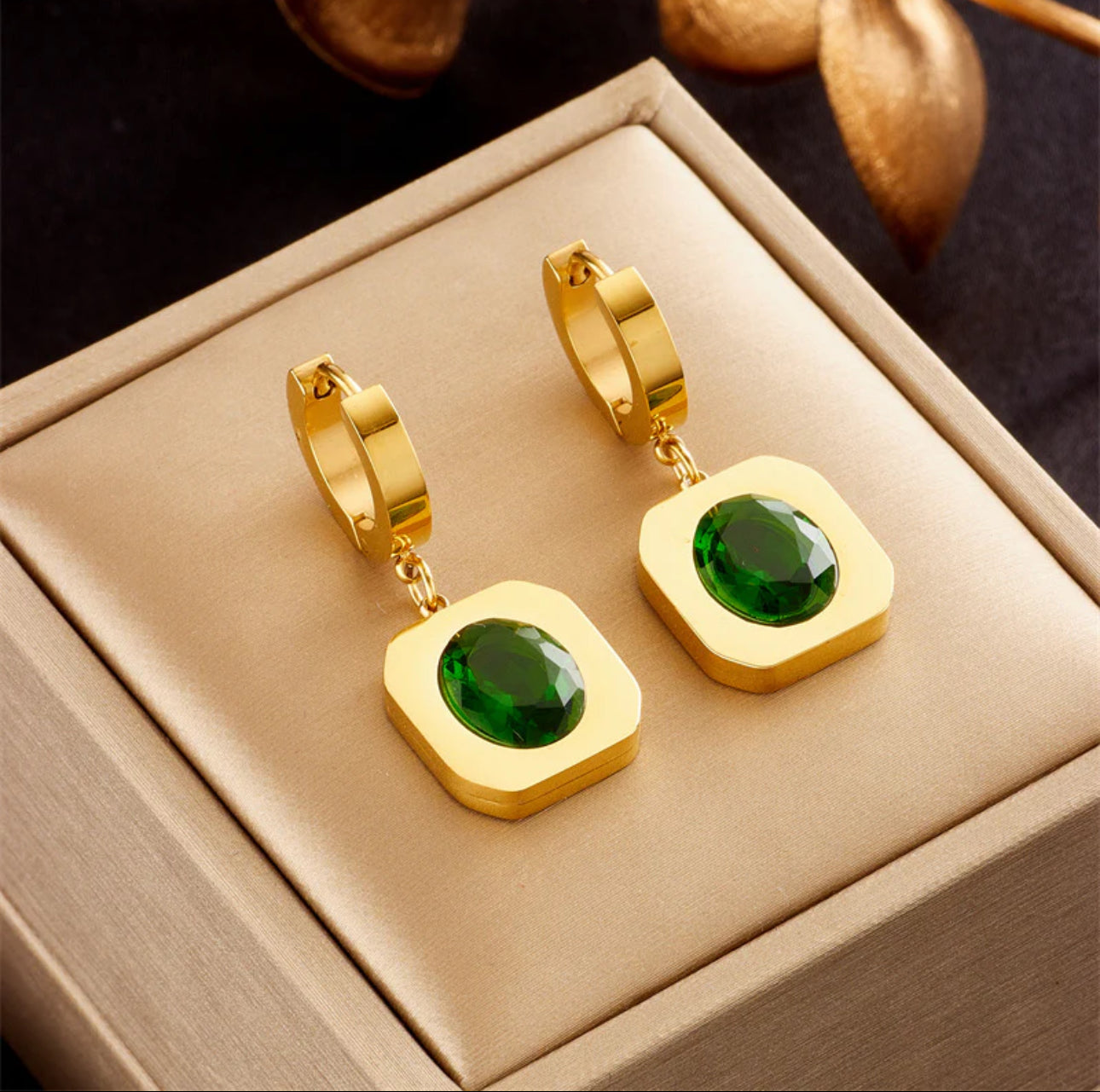 ‘Green Goddess’ Square Gold Earrings