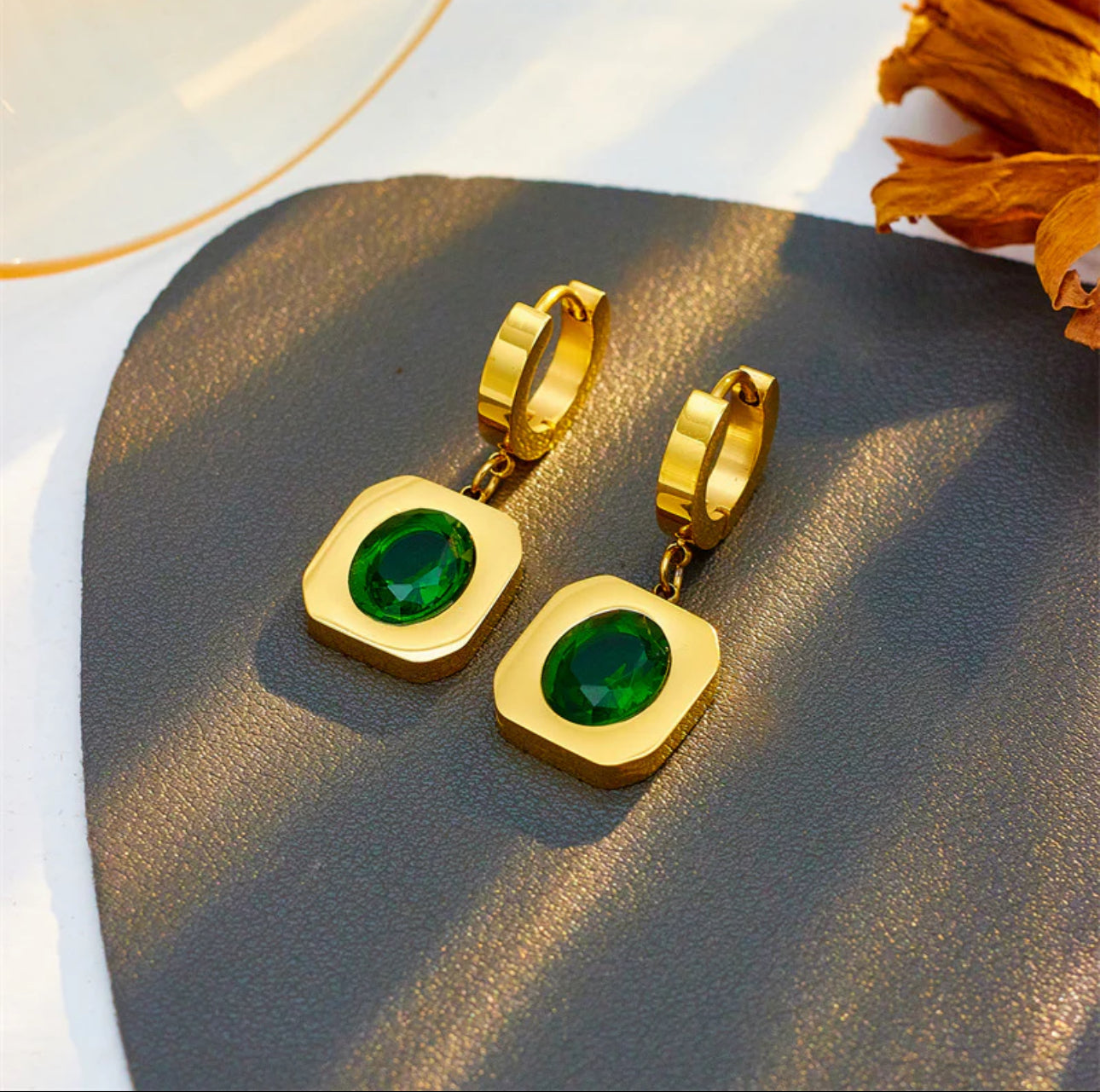 ‘Green Goddess’ Square Gold Earrings